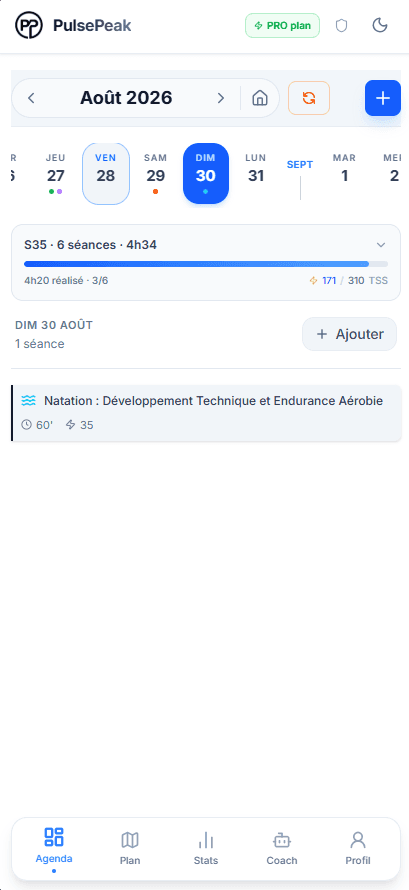 Agenda d'entraînement natation dans PulsePeak