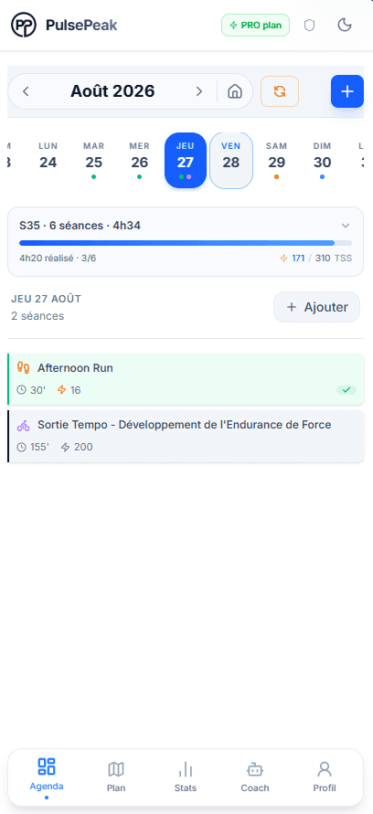 Agenda d'entraînement multisport dans PulsePeak