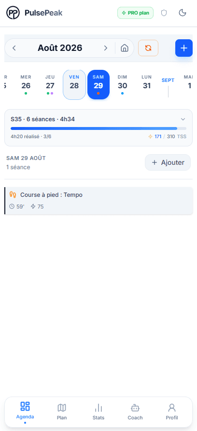 Agenda d'entraînement course à pied dans PulsePeak